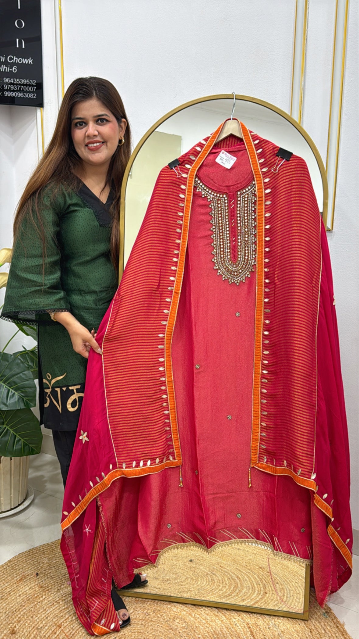 Pure Shimmer Silk Designer Suit with Kundan Neck Work & Weaved Dupatta GF 314